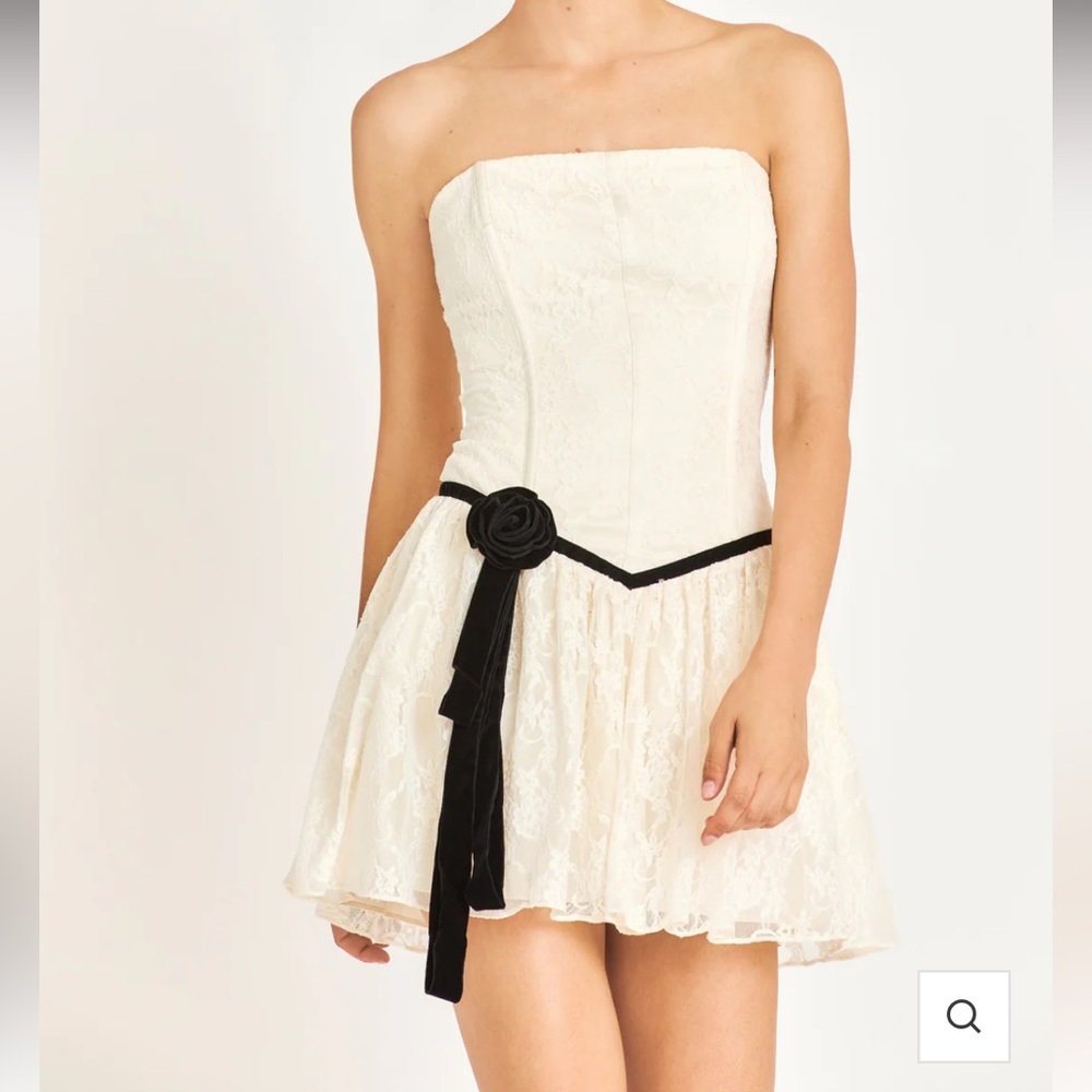 LoveShackFancy Ivory Strapless Lace Mini Dress with Black Velvet Belt